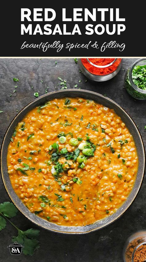 Red Lentil Masala Soup with Barley in a gray bowl on a black background. Lentil Masala, Thick Soups, Soup With Barley, Red Lentil Soup Recipe, Barley Recipe, Lentil Soup Recipes, Red Lentils, Red Lentil Soup, Cooked Food