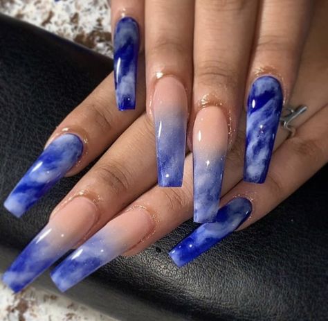 Dark Blue Marble Nails, Blue Marble Coffin Acrylic Nails, Blue Marble Nails With Rhinestones, Blue Nails Dramatic, Purple Blue Marble Nails, Bandana Nails, Marble Nails, Long Acrylic Nails Coffin, Acrylic Nails Coffin