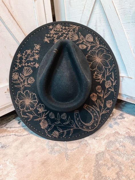 Custom Made Cowgirl Hats, Wood Burn Cowboy Hat, Black Burned Felt Hat, Cowgirl Hats Black, Black Burned Hat, Custom Burned Hats, Women’s Western Hats, Hand Burned Felt Hats, Custom Burned Felt Hats