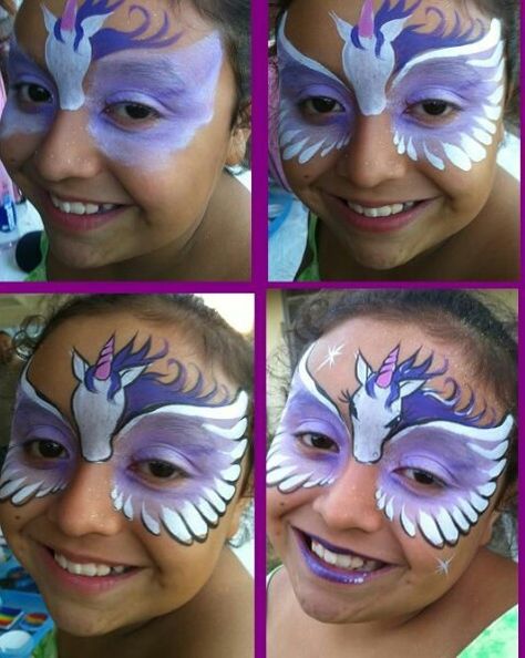 Step-by-Step Pegasus Face Paint Face Painting Unicorn, Girl Face Painting, Face Painting Tutorials, Face Painting Easy, Kids Face Paint, Unicorn Halloween, Unicorn Face, Face Painting Designs, Halloween Make Up