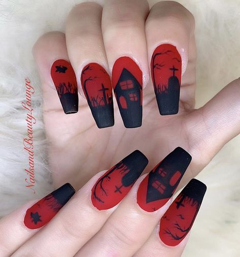 Red Black Halloween Nails, Red Spooky Nails, Red And Black Halloween Nails, Halloween Nails Red, Red Halloween Nails, Halloween Nail Ideas, Black Halloween Nails, Galaxy Nail Art, Purple Glitter Nails