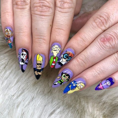 90s Nails, Oval Nails Designs, Colored Acrylic Nails, Almond Acrylic Nails, 90s Cartoon, Disney Nails, Oval Nails, Cute Nail Art, Nail Studio