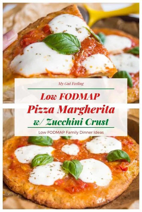 A classic Margherita Pizza with a not so classic zucchini crust. Add extra veggies to your meal with this low fodmap and gluten free pizza. Low Fodmap Pizza, Fodmap Pizza, Zucchini Crust, Fodmap Lunch, Pizza Margherita, Homemade Tomato Sauce, Low Fodmap Diet, Low Fodmap Recipes, Gluten Free Pizza