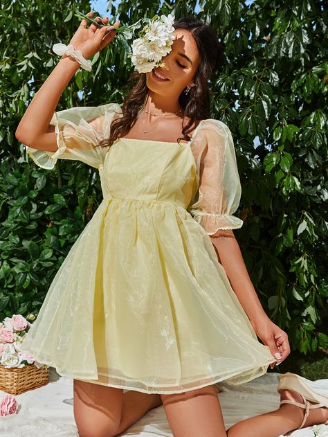 Puffed Short Sleeve Dress, Half Frocks For Women, Yellow Birthday Dress, Yellow Organza Dress, Yellow Puff Sleeve Dress, Organza Short Dress, Yellow Frock, Short Frocks For Women, Frock Designs For Women