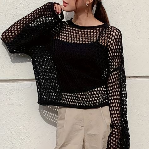 Faster shipping. Better service Light Alternative Fashion, Fishnet Sweater Outfit, Fishnet Top Outfit Long Sleeve, Crochet Black Top, Crochet Tops For Women, Net Clothes, Crochet Black And White, Fishnet Long Sleeve Top, Black Crochet Top