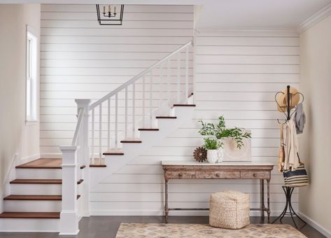 Vertical vs. Horizontal Shiplap: Compare Benefits and Features Farmhouse Moulding And Trim, Shiplap Wood, Farmhouse Crown Molding, Installing Shiplap, Farmhouse Molding, Beautiful Stairs, Stairs Trim, White Shiplap Wall, Painting Shiplap