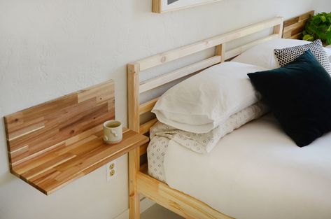 Alternative Ideas for Nightstands | Apartment Therapy Nightstand Attached To Bed, Diy Shelf Nightstand, Boho Floating Nightstand, Bed Side Shelf Ideas, Wall Hung Night Stand Bedside Tables, Hanging Night Stands, Bedside Shelf Diy, Wall Shelf Nightstand, Diy Bed Shelf