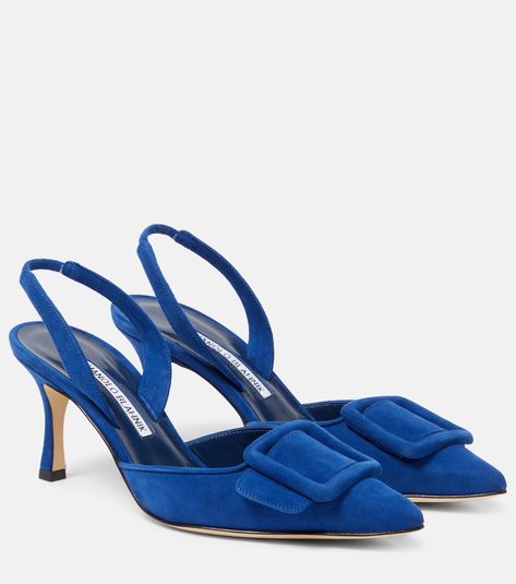 Val 70 suede slingback pumps in blue - Manolo Blahnik | Mytheresa Manolo Blahnik Maysli, Manolo Blahnik Slingback, Sophia Webster Shoes, Manolo Blahnik Pumps, Mid Heels Pumps, Designer Pumps, Blue Pumps, Amina Muaddi, Men Loafers