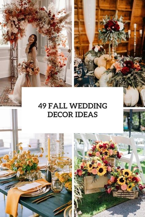 fall wedding decor ideas cover Elegant Fall Wedding Table Decor, Rustic Fall Wedding Sunflowers, Fall Wedding Tent Decorations, Fall Wedding Church Decorations, November Wedding Decor, Sunflower Pumpkin Wedding, Pumpkin And Sunflower Wedding Fall Decorating, Fall Wedding Centerpiece Ideas, Fall Wedding Ideas Decorations