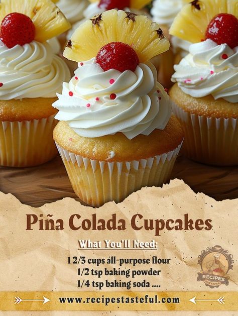 Restorio Food | Piña Colada Cupcakes | Facebook Baking Powder Recipe, Tasteful Recipes, Pina Colada Cupcakes, Yogurt Muffins, Sale Ideas, Bake Sale, Pina Colada, Baking Soda, Yogurt