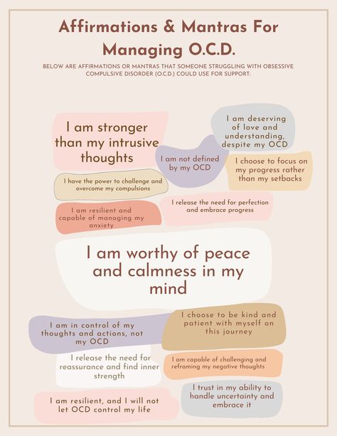 This worksheet offers helpful mantras and affirmations to repeat to oneself as an individual works through Obsessive Compulsive Disorder (OCD). Recovery from OCD is not a linear journey, and affirmations and mantras can help an individual who is struggling with shifting their thoughts, and mindset along the way. Quotes For Ocd Recovery, Daily Affirmations Ocd, Positive Affirmation For Ocd, Ocd Therapy Activity, Detachment Affirmations, Therapy Doodles, Therapy Illustration, Ocd Thoughts, Ocd Therapy