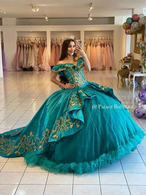 Emerald Green Charro Dress, Charo Quinceanera Dresses Green, Quinceanera Dresses Teal Turquoise, Teal And Gold Quinceanera Dresses, Emerald Green Charro Quinceanera Dresses, Jasmine Quinceanera Dress, Princess Jasmine Quinceanera Dresses, Dark Teal Quinceanera Dresses, Green And Gold Quince Dress