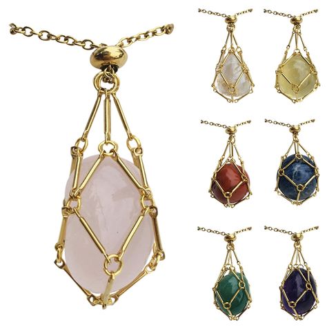 PRICES MAY VARY. 【Crystal Stone Holder Necklace Silver/Gold】This sleek mesh holder keeps your precious gems secure and accessible, allowing you to embrace their energy wherever you wander. Change your crystals every day depending on your mood. 【Crystal Stone Chain Mesh Pendant】This Empty Stone Holder is Interchangeable so you can push the knot above the stone and place different ones similar to their size. 【Crystal Holder Necklace Cage Gold】Sturdy stainless cage, tightly fixed, not easy to break