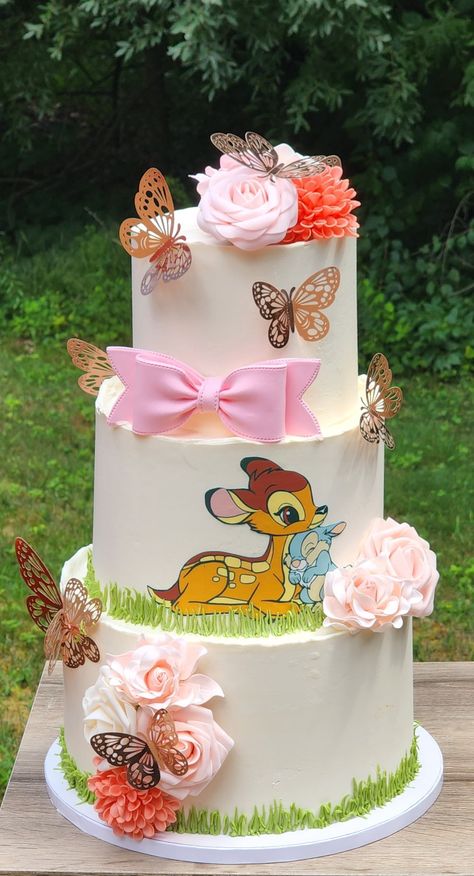 Bambi Nursery Theme, Bambi Birthday Cakes, Bambi Baby Shower Cake, Bambi Baby Shower Ideas, Cake Three Tier, Bambi Cake, Bambi Party, Bambi Birthday, Bambi Baby