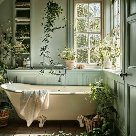 Relax in a Luxurious Green Bathroom with a clawfoot tub Cottagecore Bathroom Ideas, Countryside Bathroom, Cottagecore Bathroom, Clawfoot Tub Bathroom, Boho Bathroom Ideas, Rustic Wooden Shelves, Bathroom Oasis, Tub Bathroom, Vintage Light Fixtures