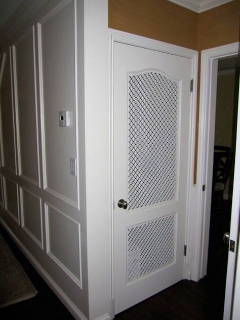 What a cool idea, custom vent panels for a pantry door that really pops Water Heater Closet, Furnace Room, Utility Room Designs, Basement Doors, Laundry Room Doors, Ventilation Design, Laundry Closet, Pantry Door, Laundry Mud Room