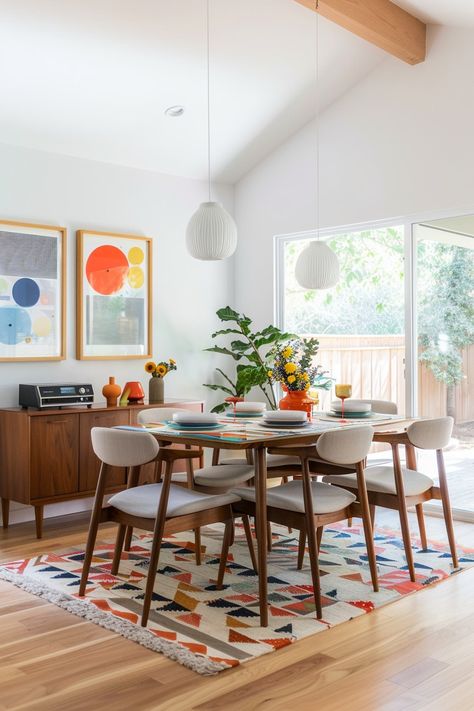 15 Ways to Create a Stunning Mid-Century Modern Dining Room – Everyday Inspo Eclectic Decor Dining Room, Mid Century Modern Dining Room Table, Retro Apartment Decor, Bright Dining Room, Mcm Dining Room, Midcentury Dining Room, Mid Century Modern Dining Set, Retro Dining Rooms, Mid Century Dining Room