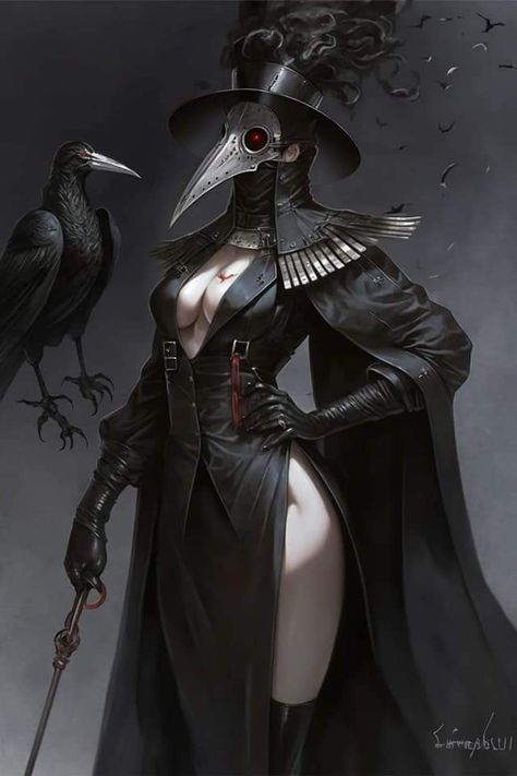 Female Villain Oc Art, Dnd Female Villain, Plague Doctor Art Dark, Vampire Hunter Female, Woman Plague Doctor, Dnd Changeling Female, Female Plague Doctor Art, Dnd Plague Doctor, Villain Character Design Concept Art