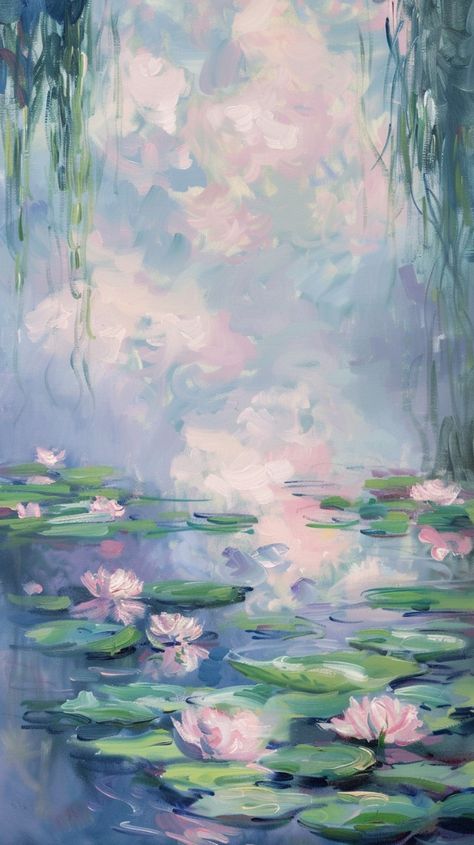 A slient touch with Lotus in Monet's Pond... Lotus Pond Watercolor, Impressionism Art Tutorial, Lily Pad Pond Painting, Easy Monet Paintings, Watercolor Lily Pads, Monet Wallpaper Aesthetic, Pond Reference, Omakase Nails, Lily Pads Painting