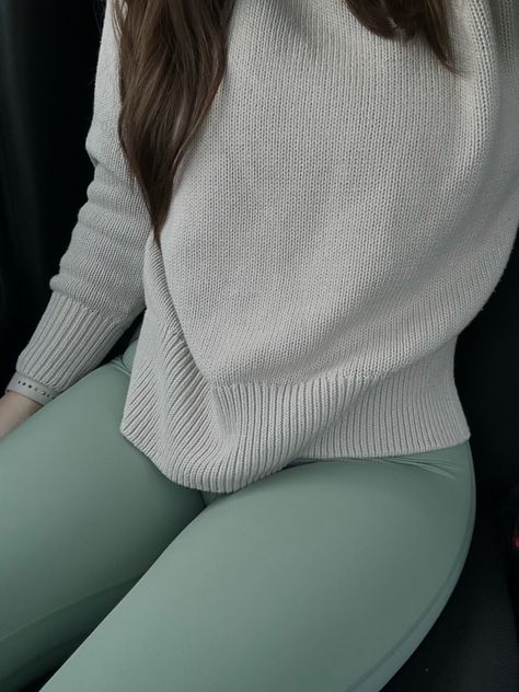 Lululemon, outfit inspo, sage green leggings, knit sweater, sweater putfit inspo, leggings outfit Sage Green Leggings Outfit, How To Style Green Leggings, Light Green Leggings Outfit, Green Lululemon Leggings Outfit, Sage Green Leggings, Green Leggings Outfit, Sage Green Outfit, Green Lululemon Leggings, Lululemon Outfit