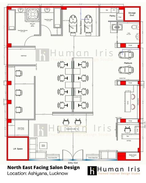 Check out the Salon detailed layout plan and sectional elevation design. The total approx. area of salon is 1750 Sqft. Hair Salon Floor Plans, Salon Layout, Sectional Elevation, Plan And Elevation, Dubai Architecture, Layout Plan, Salon Suites, Beauty Salon Design, Elevation Design