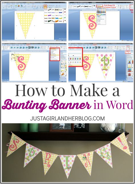 How to Create a Bunting Banner in Word | JustAGirlAndHerBlog.com Pennant Banner Template, Printable Banner Template, Birthday Banner Template, Free Printable Banner, Create A Banner, Bridal Shower Banner, Best Banner, How To Make Banners, How To Make Labels