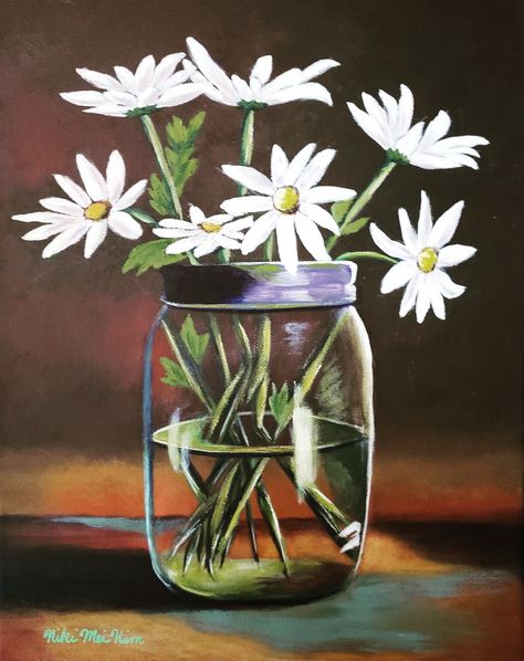 Flowers In A Jar Painting, Mason Jar Painting Ideas, Painting Jars, Journal 2023, Vase Painting, Paintings Ideas, Mason Jar Flowers, Flowers In Jars, Painted Jars