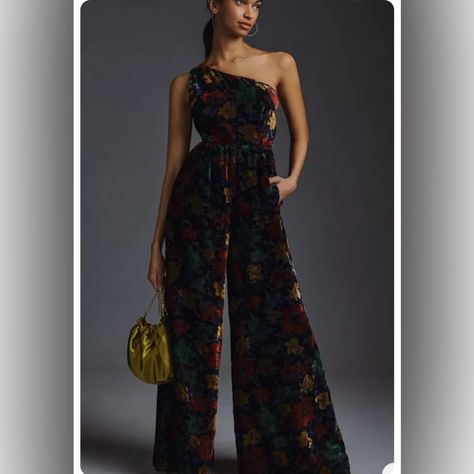 Hutch For Anthropologie One Shoulder Velvet Jumpsuit In A Size 4. Black With Beautiful Multi Colored Prints. Brand New With Tags! Velvet Jumper, Velvet Jumpsuit, Sequin Jumpsuit, Cropped Wide Leg Pants, Pink Jumpsuit, Wide Leg Linen Pants, Floral Romper, Long Sleeve Romper, Wide Leg Jumpsuit