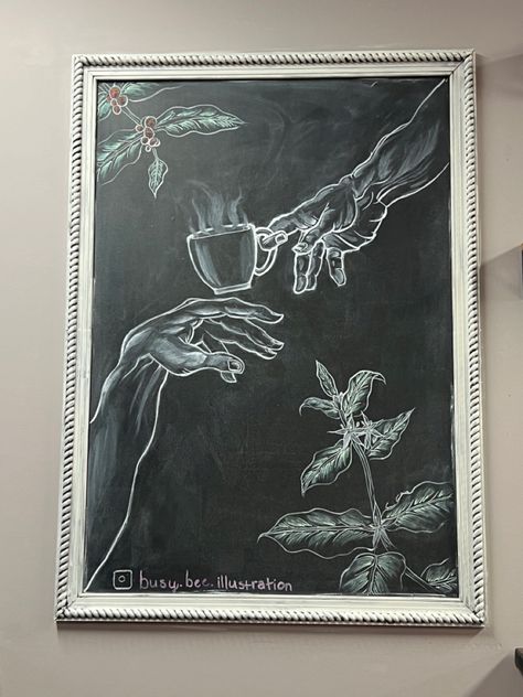 Coffee Shop Board Ideas, Coffee Shop Art Drawing, Chalkboard Art Coffee Shop, Cafe Paintings Art Coffee Shop, Coffee Shop Blackboard, Coffee Shop Chalkboard Art, Coffee Shop Boards Chalkboards, Coffee Shop Window Art, Coffee Shop Artwork