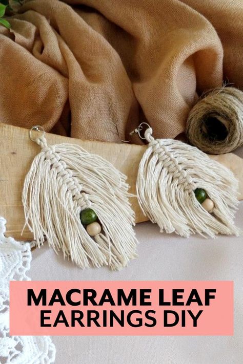 Macrame Leaf Earrings tutorial from Craftsy Hacks - J. Conlon and Sons Macrame Feather With Beads, Macrame Feather Earrings Diy, Diy Boho Earrings Tutorials, Macrame Earrings Diy Tutorials, Macrame Earrings Diy How To Make, Diy Macrame Earrings Tutorials, Yarn Earrings Diy, Diy Feather Earrings, Macrame Jewelry Diy