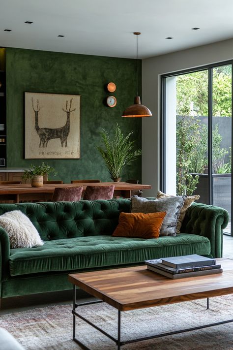 13 Green Living Room Decor Ideas To Refresh Your Space – DreamyHomeStyle Forest Green And White Living Room, Hunter Green Sofa Living Room Ideas, Green And Walnut Living Room, Interior Design Green Living Room, Living Room Designs Green Couch, Green Chesterfield Sofa Living Rooms, Green Black And Gold Living Rooms, Moss Green Couch, Green Velvet Couch Living Room Ideas