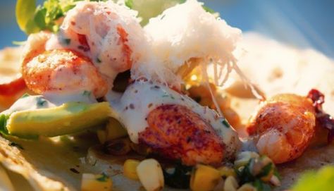 Eddie V's Prime Seafood Lobster Tacos Recipe Lobster Tacos Sauce, Eddie V’s Copycat Recipes, Lobster Tacos Recipe, Seafood Lobster, Lobster Tacos, Grilled Sweet Corn, Butter Poached Lobster, Poached Lobster, In N Out Burger