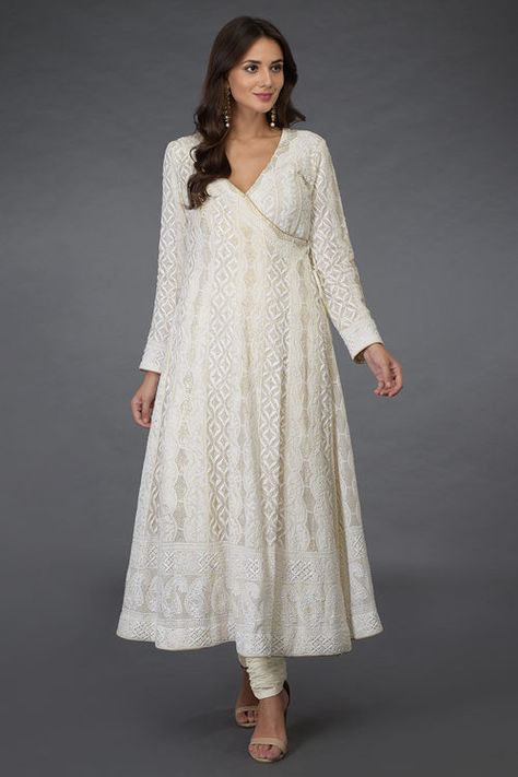 Ivory Chikankari with Kamdani Angrakha Suit Banaras Dress, Ap Designs, Angrakha Suit, Angrakha Style Anarkali, Rajasthan Trip, Chikankari Dress, Angrakha Kurta, Mehndi Outfit, Chikankari Kurta