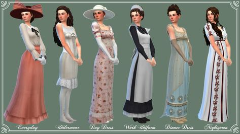 In staunch opposition to some of the more austere, practical Darlington lookbooks that we’ve seen in this decade is Rosella... Sims 4 Decades Challenge, Sims Medieval, Sims 4 Mm Cc, Sims 4 Mm, Sims4 Clothes, Sims 4 Cc Packs, Old Dresses, Sims 4 Cas, Travel Dress