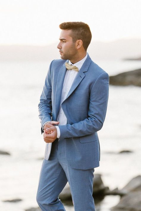 Mallorca Beach Boho Wedding Inspiration - groom in light blue fitted suit. #mens #fashion #blazer #outfit #suit Beach Wedding Blue Suit, Light Blue Suit Wedding, Blue Wedding Suit Groom, Blue Suit Outfit, Mens Beach Wedding Attire, Okanagan Wedding, Blue Linen Suit, Beach Wedding Suits, Costum Elegant