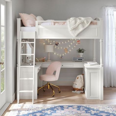 Teen Loft Beds & Bunk Beds | Pottery Barn Teen Room Decor Bedroom Loft Bed, Bunkbed Girls Room Ideas With Desk, Loft Bed With Vanity Underneath, Loft Bed With Vanity, Teen Room With Loft Bed, Girls Bedroom Ideas Loft Bed, Bedroom Loft Bed Ideas, Kids Loft Beds For Small Rooms, Bedroom Ideas For Girls 10-12