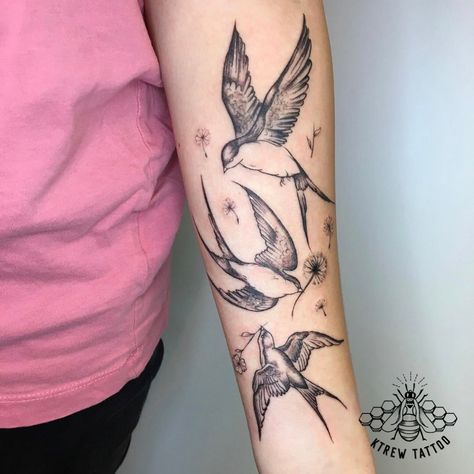 Forearm Bird Tattoo Women, Swallows Tattoo, Birmingham Tattoo, Bird Hand Tattoo, Swallow Tattoo Design, Bird Tattoo Sleeves, Bird Flock, Bird Tattoos Arm, Bird Tattoos For Women