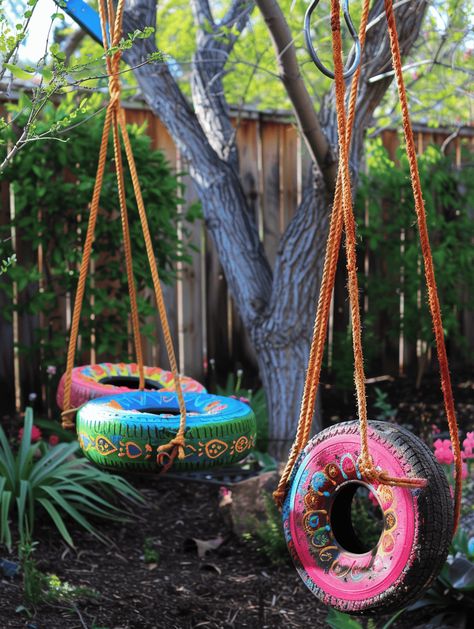 Boho Style Backyard: Repurposed Tire Swings in Vibrant Hues Tire Diy Ideas, Tire Playground Ideas, Painting Tires, Repurposed Tires, Tire Ideas, Repurposed Tire, Boho Backyard, Goat Pen, Painted Tires