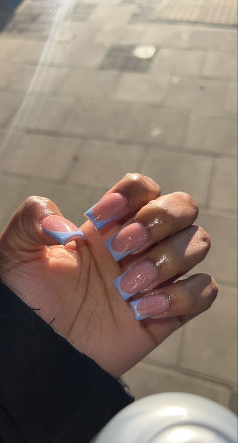 Short, medium acrylics, blue, french tip, glotter Blue Frenchies Nails Short, Trendy Nail Inspo Square Short, Short Acrylic Nails Baddie French Tip, Cute Blue Short Acrylic Nails, Black Girls French Tip Nails, French Tips Blue Nails, Blue French Tip Nails Black Women, Pink Nails With Blue Tips, Short Square French Tip Acrylic Nails Color