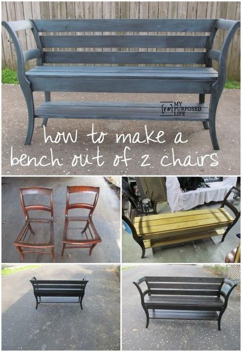 My Repurposed Life Not all projects turn out as expected. This tutorial will show you how to make a bench from two unwanted chairs. Making A Bench, Diy Garden Furniture, Old Chairs, Diy Furniture Couch, Chair Bench, Refurbished Furniture, Couch Furniture, Recycled Furniture, Flipping Furniture