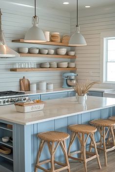 Farmhouse Coastal Kitchen, Wood Accent Walls, Nautical Pendant Lighting, Coastal Farmhouse Kitchen, Farmhouse Kitchen Inspiration, Coastal Farmhouse Decor, Farmhouse Decor Ideas, Farmhouse Look, Rural Living