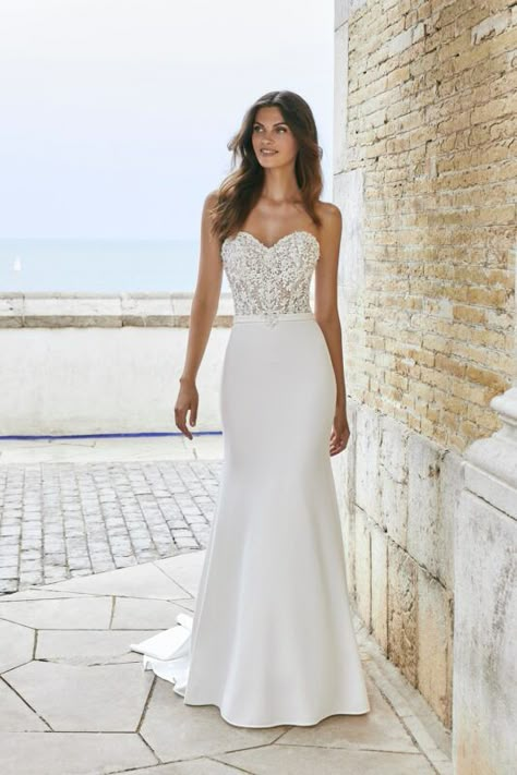 Strapless Wedding Dress With Overskirt, Plain Fitted Wedding Dress, Plain Strapless Wedding Dress, Beaded Fit And Flare Wedding Dress, Plain Elegant Wedding Dress, Fit And Flare Wedding Dress Strapless, Strapless Fit And Flare Wedding Dress, Lace Top Wedding Dress, Casual Beach Wedding