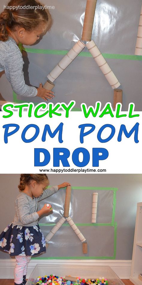 This pom pom drop activity for toddlers and preschoolers is simple to set up and great for developing problem solving, fine motor control and understanding cause and effect. Pom Pom Drop, Cause And Effect Activities, Sticky Wall, Preschool Fine Motor Activities, Pom Crafts, Toddler Classroom, Gross Motor Activities, Pom Pom Crafts, Toddlers And Preschoolers