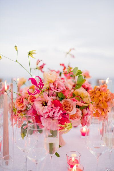 Authentic Colors | Amy Abbott Events San José del Cabo, Mexico Spring Reception Ideas, Bright Pink Wedding Flowers, Pink Orange Blue Wedding, Wedding Entryway, Grad Brunch, Pink Wedding Details, Bright Pink Wedding, Orange Wedding Themes, Orange And Pink Wedding