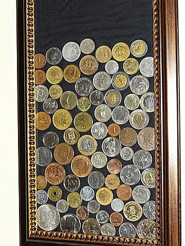 Foreign coin display                                                                                                                                                                                 More Foreign Money Display, Foreign Coin Display, Coin Display Ideas, Coins Art Ideas, Coin Collection Display, Coin Frame, Coin Crafts, Foreign Coins, Jewelry Display Cards