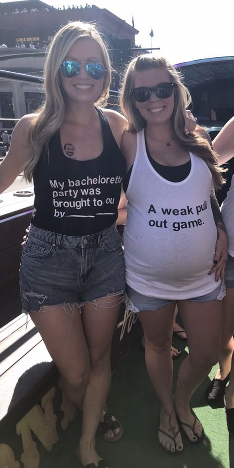 Bachelorette Matching Shirts Outfit, Bachelorette Party Outfit Funny, Pregnant Bachelorette Party Outfit, Pregnant Bride Bachelorette Party, Bachorlette Party Outfits Bride, Bachelorette Theme Nights Outfits, Bachelorette Party Themes Outfits Funny, Bachorlette Party Outfits, Bachelorette Party Group Outfits