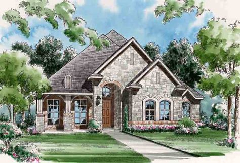 Spyglass Hill House Plan - Spyglass Hill House Plan - Front - Archival Designs French Cottage House, French Cottage House Plans, European Style House Plans, Texas House Plans, Porch Interior, Narrow House Plans, Corner Tub, House Plans 3 Bedroom, European House Plan