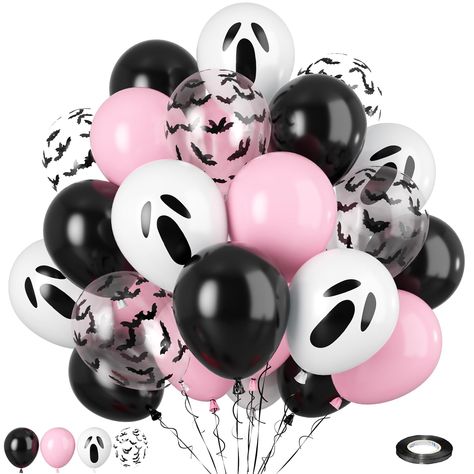 PRICES MAY VARY. WHAT YOU GET - This pink halloween balloon set includes 60pcs 12-inch balloons. You will receive 22 x macaron pink balloons, 22 x black balloons, 10 x white ghost printed balloon balloons, 6 x bat confetti balloons with 10m black ribbon. With a size of 12 inches, they are the perfect addition to your Halloween decorating needs, creating a wonderful and memorable Halloween scene for your family and children. HIGH QUALITY LATEX MATERIAL - Our pink and black balloons are made of pr Pink Black Birthday Decorations, Scream Movie Birthday Party Pink, Pink Halloween Party Decor, Black And Pink Birthday Theme, Pink And Black Halloween Decor, Pink Halloween Birthday Party, Gold Birthday Balloons, Scream Party, Halloween Birthday Decorations