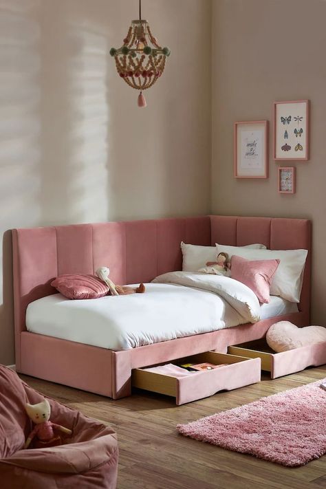 Soft Velvet Blush Marlowe Kids Upholstered Bed Frame Kids Beds With Storage, Storage Bed Frame, Kids Bed Frames, Toddler Bedroom Girl, Kids Rainbow, Nursery Room Boy, Kids Beds, Standard Bed