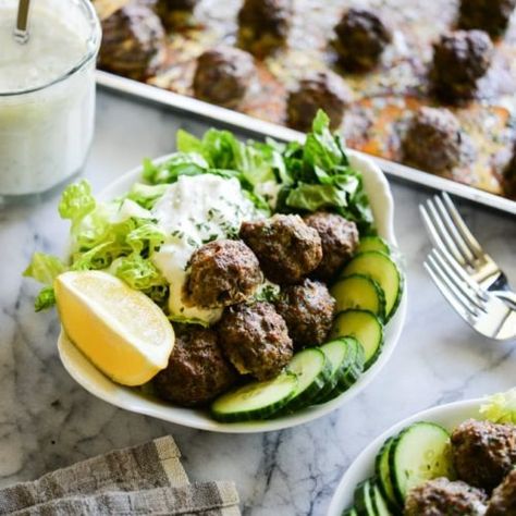 Greek-Inspired Meatballs with Tzatziki - Fed & Fit - Easy Sheet Pan Meatballs Sheet Pan Meatballs, Pork Casserole, Greek Meatballs, Best Meatballs, Homemade Tzatziki, Lunch Bowl, Low Carb Lunch, Make Ahead Meals, Margarita Recipes